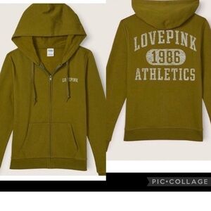 Pink Victoria’s Secret campus full zip hoodie vintage green wash heritage logo